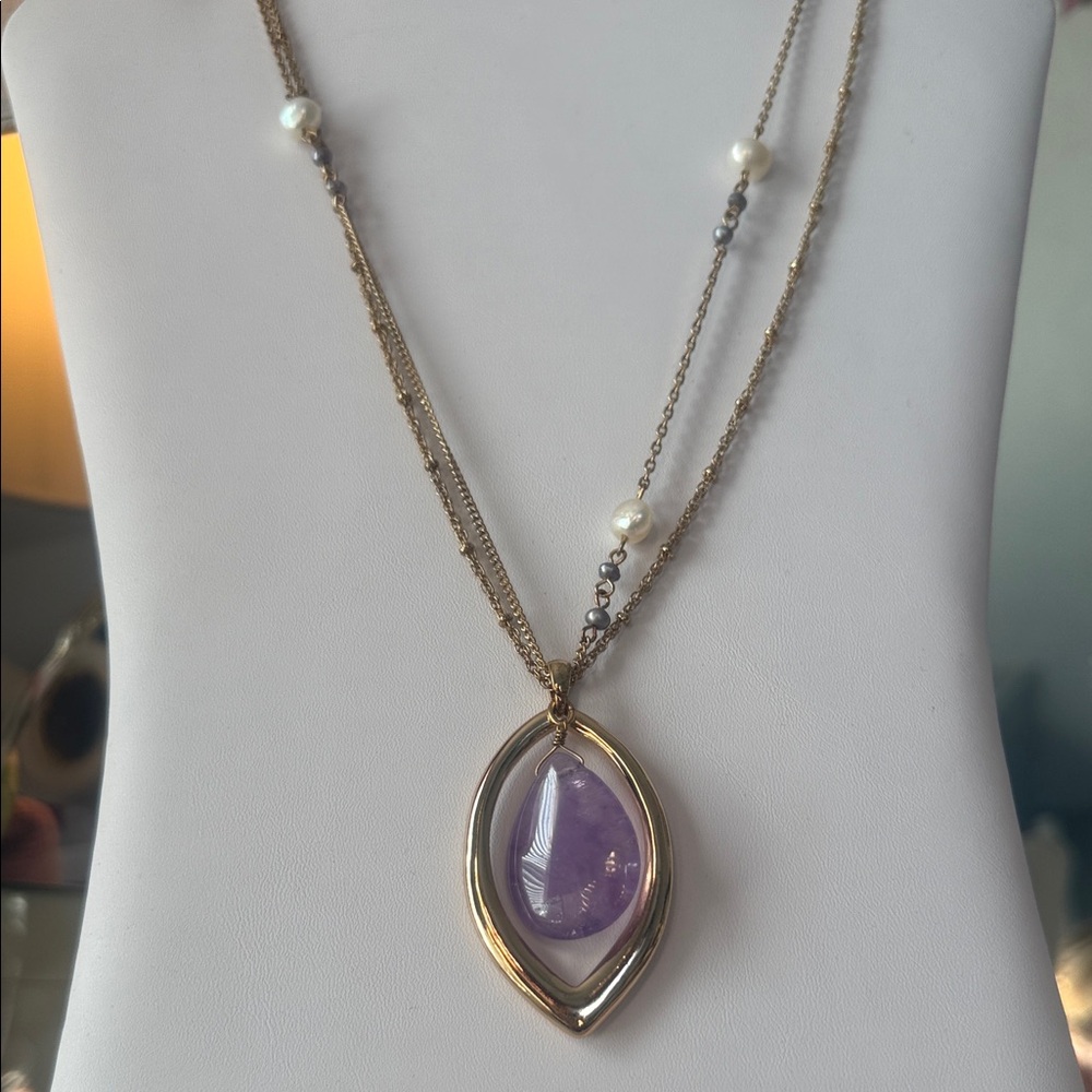 White House Black Market Gold and Purple Double Pendant Necklace